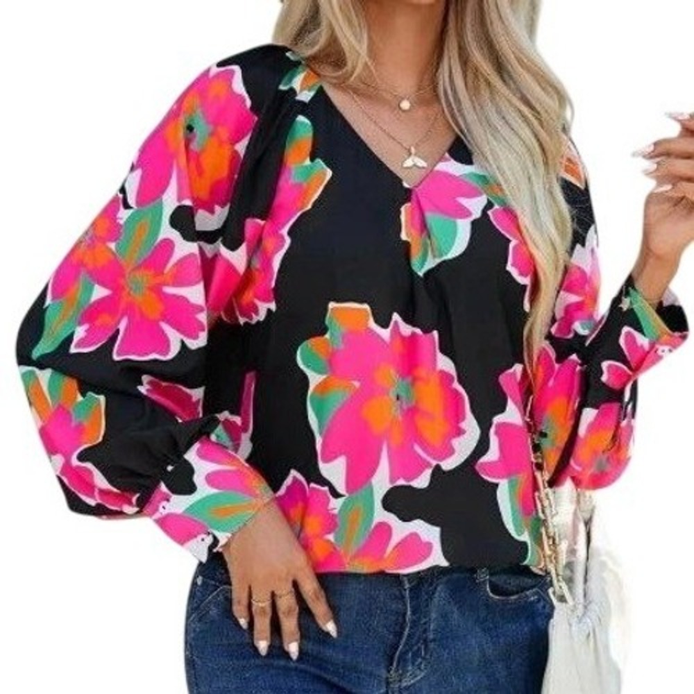 Entro women's black pink orange floral puff sleeve Boho oversize blouse large